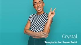  Presentation with long hair man - PPT theme enhanced with hispanic-transgender-man-wearing-make background and a ocean colored foreground