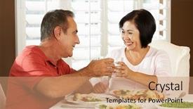  Presentation with senior couple - Presentation design consisting of hispanic water - senior couple enjoying meal background and a  colored foreground