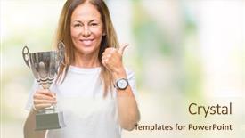  Presentation with award winner - Colorful presentation theme enhanced with hispanic winner woman celebrating award backdrop and a cream colored foreground