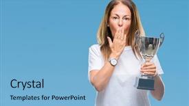  Presentation with trophy award hand holding - PPT theme consisting of hispanic winner woman celebrating award background and a  colored foreground