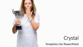  Presentation with trophy award hand holding - Audience pleasing PPT theme consisting of hispanic winner woman celebrating award backdrop and a white colored foreground