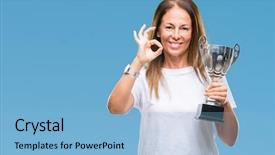  Presentation with award winner - Presentation design featuring hispanic winner woman celebrating award background and a light blue colored foreground