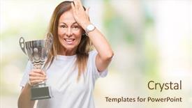  Presentation with trophy award hand holding - Theme having hispanic winner woman celebrating award background and a cream colored foreground