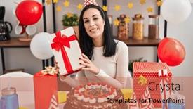  Presentation with happy birthday cake - Slides with hispanic-woman-celebrating-birthday background and a  colored foreground