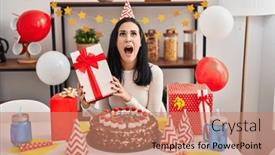  Presentation with birthday cake - PPT theme featuring hispanic-woman-celebrating-birthday background and a  colored foreground