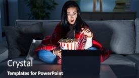  Presentation with popcorn movie - PPT theme having hispanic-woman-eating-popcorn-watching background and a navy blue colored foreground
