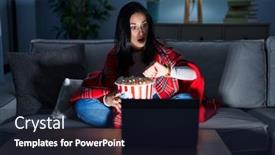  Presentation with popcorn movie - Slides featuring hispanic-woman-eating-popcorn-watching background and a wine colored foreground