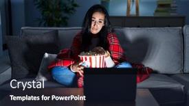  Presentation with popcorn movie - PPT layouts featuring hispanic-woman-eating-popcorn-watching background and a wine colored foreground
