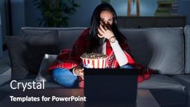  Presentation with popcorn movie - Presentation theme having hispanic-woman-eating-popcorn-watching background and a navy blue colored foreground