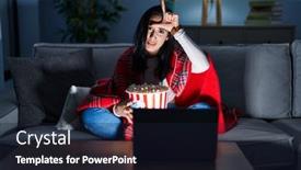  Presentation with popcorn movie - Theme enhanced with hispanic-woman-eating-popcorn-watching background and a wine colored foreground