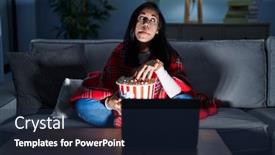  Presentation with movie popcorn - Slides featuring hispanic-woman-eating-popcorn-watching background and a navy blue colored foreground