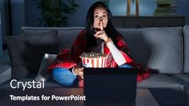  Presentation with movie popcorn - Presentation theme consisting of hispanic-woman-eating-popcorn-watching background and a navy blue colored foreground