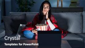  Presentation with movie popcorn - Presentation consisting of hispanic-woman-eating-popcorn-watching background and a  colored foreground