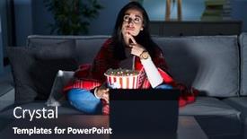  Presentation with popcorn movie - Presentation theme enhanced with hispanic-woman-eating-popcorn-watching background and a  colored foreground