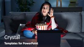  Presentation with popcorn movie - Slides enhanced with hispanic-woman-eating-popcorn-watching background and a navy blue colored foreground