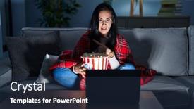  Presentation with forefinger - Presentation design consisting of hispanic-woman-eating-popcorn-watching background and a navy blue colored foreground