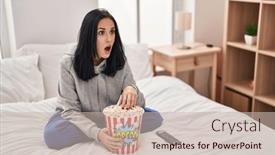  Presentation with movie popcorn - Slides with hispanic-woman-eating-popcorn-watching background and a soft green colored foreground