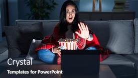  Presentation with popcorn movie - Presentation theme consisting of hispanic-woman-eating-popcorn-watching background and a navy blue colored foreground