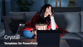  Presentation with popcorn movie - Theme featuring hispanic-woman-eating-popcorn-watching background and a navy blue colored foreground