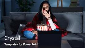  Presentation with popcorn movie - Theme consisting of hispanic-woman-eating-popcorn-watching background and a wine colored foreground