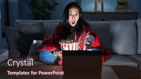  Presentation with movie popcorn - Slide deck enhanced with hispanic-woman-eating-popcorn-watching background and a wine colored foreground