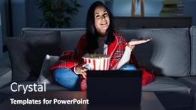  Presentation with woman hands open - Slide deck consisting of hispanic-woman-eating-popcorn-watching and a wine colored foreground