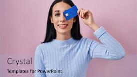 Presentation with credit card - Slide deck enhanced with hispanic-woman-holding-credit-card background and a light blue colored foreground