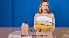  Presentation with laundry - Slide deck having hispanic-woman-holding-folded-laundry background and a coral colored foreground