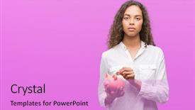  Presentation with confident young hispanic woman - Slide deck having hispanic woman holding piggy bank background and a  colored foreground