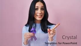  Presentation with purple - Presentation having hispanic-woman-holding-purple-ribbon background and a coral colored foreground