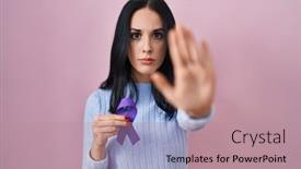  Presentation with purple - PPT layouts consisting of hispanic-woman-holding-purple-ribbon background and a coral colored foreground