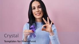  Presentation with awareness - PPT theme having hispanic-woman-holding-purple-ribbon background and a light blue colored foreground