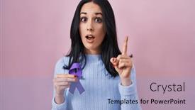  Presentation with purple - Presentation theme having hispanic-woman-holding-purple-ribbon background and a  colored foreground