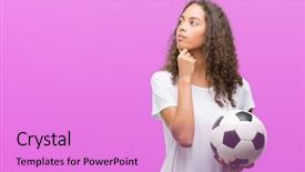  Presentation with idea light ball - Presentation theme having hispanic woman holding soccer football background and a  colored foreground