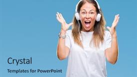  Presentation with listening woman - Slide deck having hispanic woman listening to music background and a light blue colored foreground