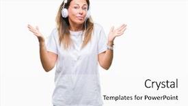  Presentation with listening woman - PPT theme enhanced with hispanic woman listening to music background and a  colored foreground