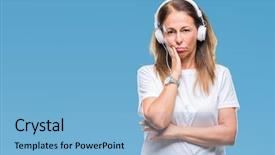  Presentation with listening woman - PPT layouts enhanced with hispanic woman listening to music background and a  colored foreground