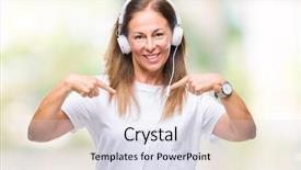  Presentation with happy music lovers - Presentation design enhanced with hispanic woman listening to music background and a  colored foreground