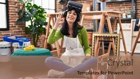 Presentation with virtual reality - Presentation with hispanic-woman-painter-sitting background and a coral colored foreground