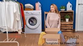  Presentation with donation food clothes - PPT theme having hispanic-woman-putting-clothes background and a coral colored foreground