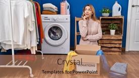  Presentation with donation - Presentation theme consisting of hispanic-woman-putting-clothes background and a coral colored foreground