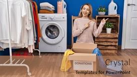  Presentation with donation - PPT layouts consisting of hispanic-woman-putting-clothes background and a coral colored foreground
