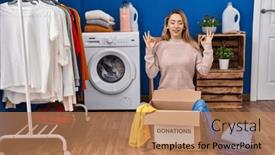  Presentation with donation - Presentation theme having hispanic-woman-putting-clothes background and a coral colored foreground