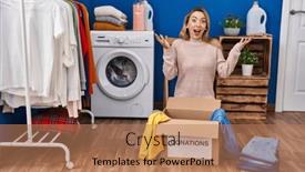 Presentation with donation - PPT theme enhanced with hispanic-woman-putting-clothes background and a coral colored foreground