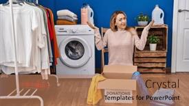  Presentation with donation - Theme having hispanic-woman-putting-clothes background and a coral colored foreground