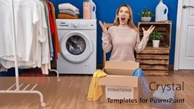  Presentation with donation - Presentation theme consisting of hispanic-woman-putting-clothes background and a coral colored foreground