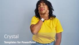 Presentation with sore throat - Theme featuring hispanic-woman-standing-over-blue background and a gray colored foreground