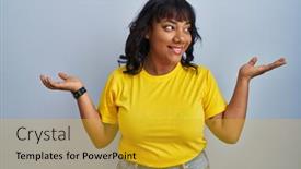  Presentation with comparison - Presentation having hispanic-woman-standing-over-blue background and a gold colored foreground