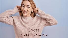  Presentation with ears - Presentation theme enhanced with hispanic-woman-standing-over-blue background and a soft green colored foreground