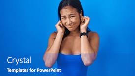 Presentation with blue music - Slide set enhanced with hispanic-woman-standing-over-blue background and a teal colored foreground